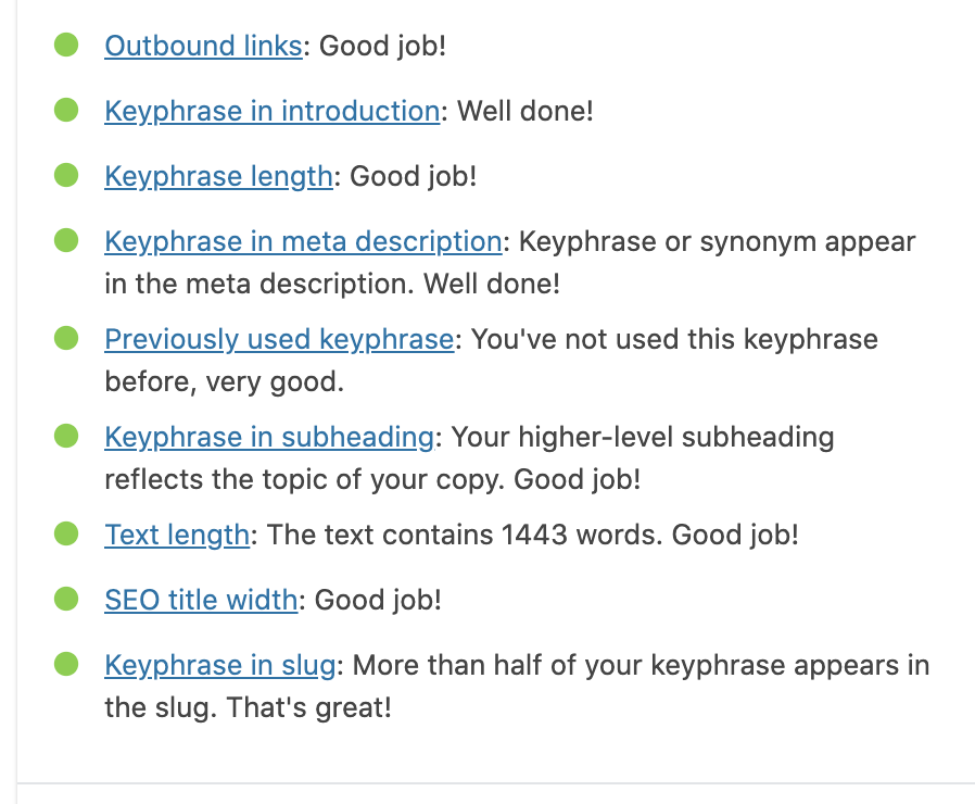 All Green from the WordPress Yoast SEO Plugin after a successful Page Audit